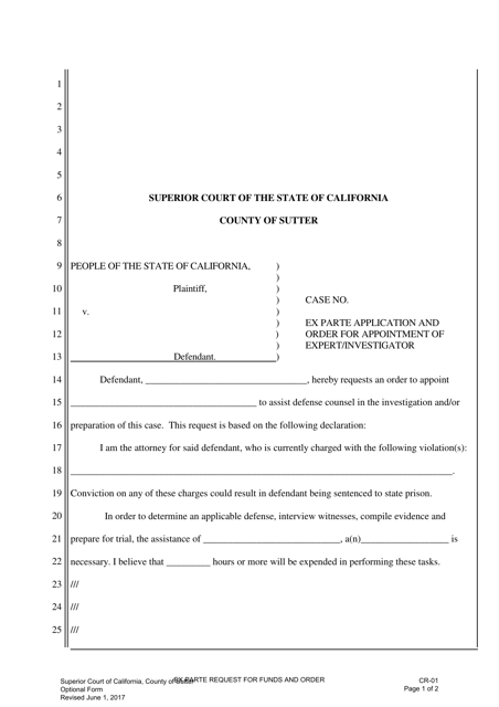Form CR-01 Ex Parte Application and Order for Appointment of Expert/Investigator - County of Sutter, California