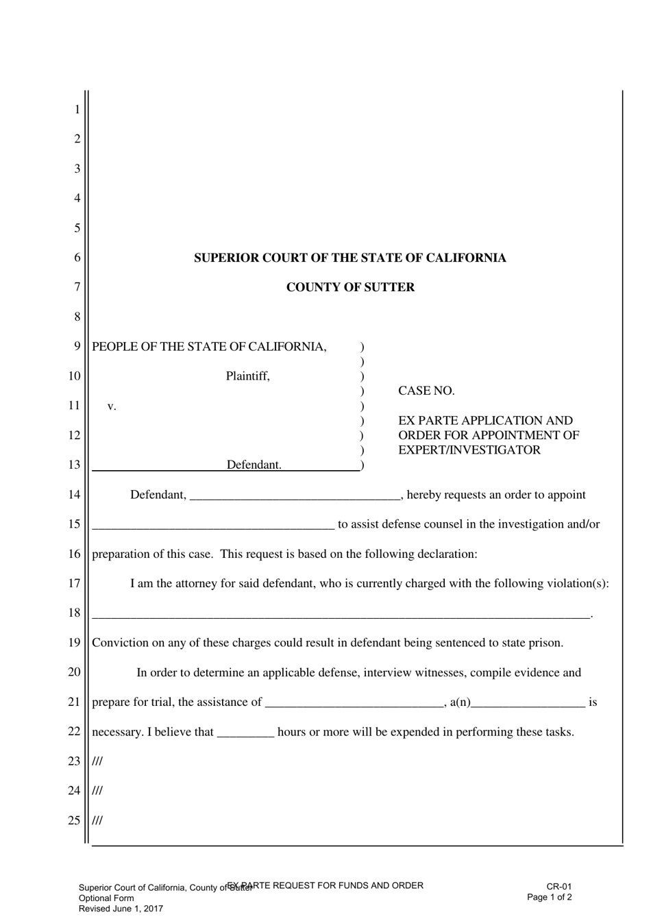 Form CR-01 Ex Parte Application and Order for Appointment of Expert / Investigator - County of Sutter, California, Page 1
