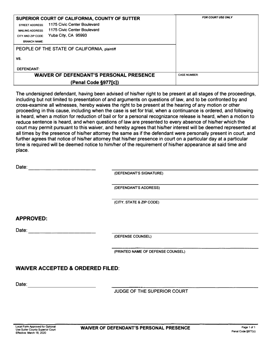 Waiver of Defendant's Personal Presence - County of Sutter, California, Page 1