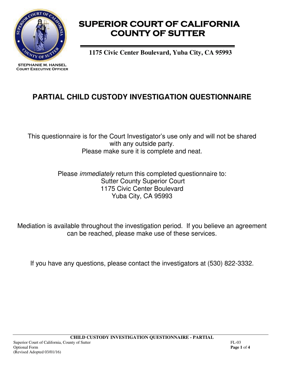 Form FL-03 Child Custody Investigation Questionnaire for Partial Investigations - County of Sutter, California, Page 1