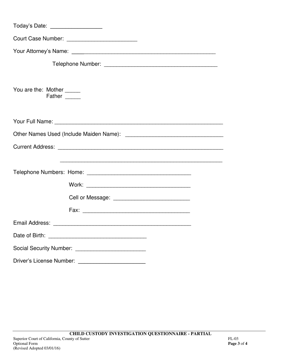 Form FL-03 Child Custody Investigation Questionnaire for Partial Investigations - County of Sutter, California, Page 3