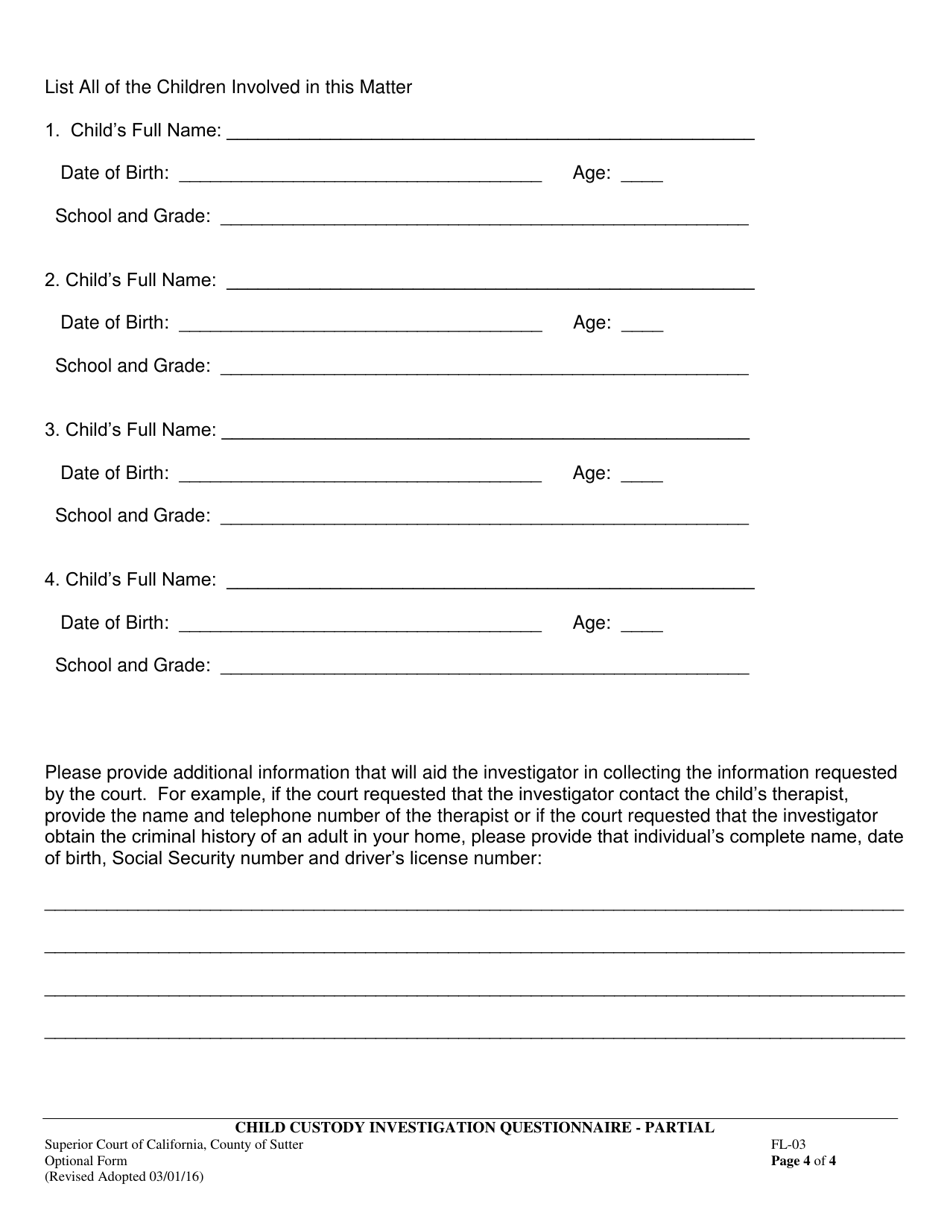 Form FL-03 Child Custody Investigation Questionnaire for Partial Investigations - County of Sutter, California, Page 4