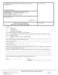 Document preview: Form CV-01 Application and Order for Release of Adoption Records - County of Sutter, California
