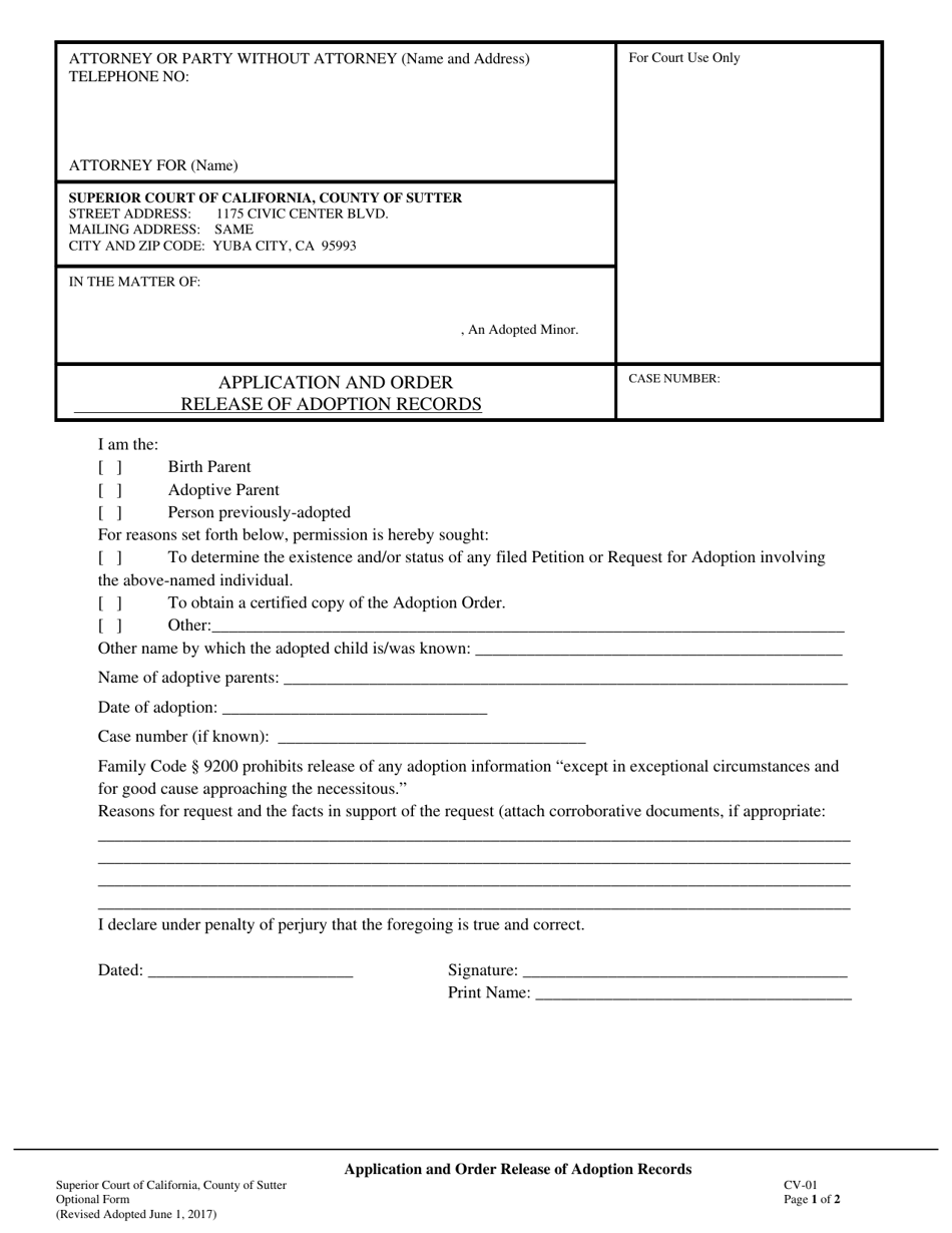 Form CV-01 Application and Order for Release of Adoption Records - County of Sutter, California, Page 1