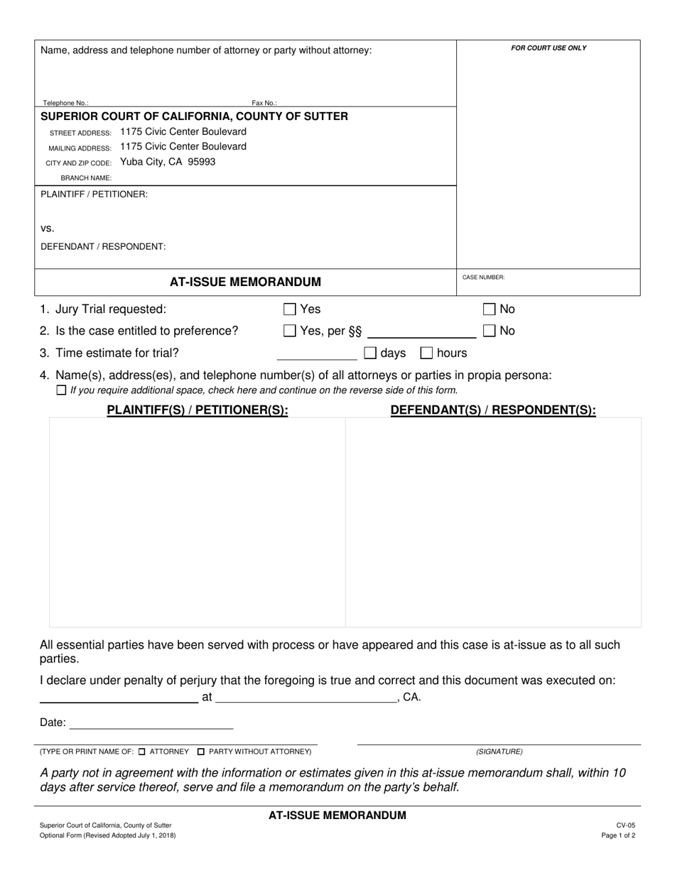 Form CV-05 At-Issue Memorandum - County of Sutter, California, Page 1