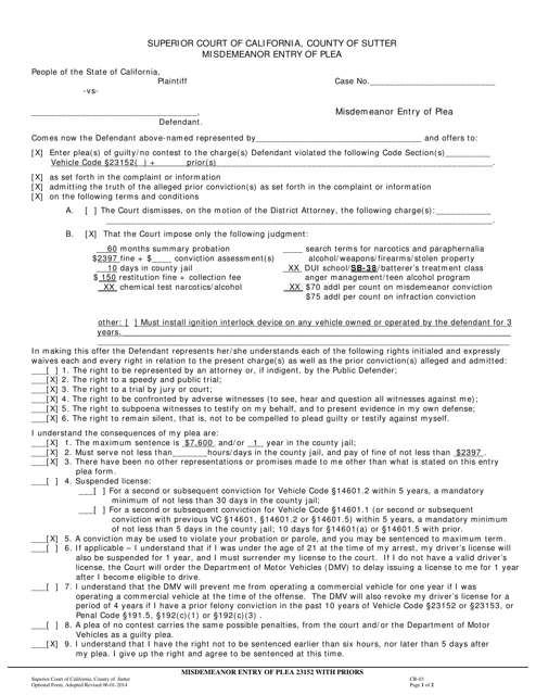 Form CR-03 Misdemeanor Entry of Plea With Priors - County of Sutter, California