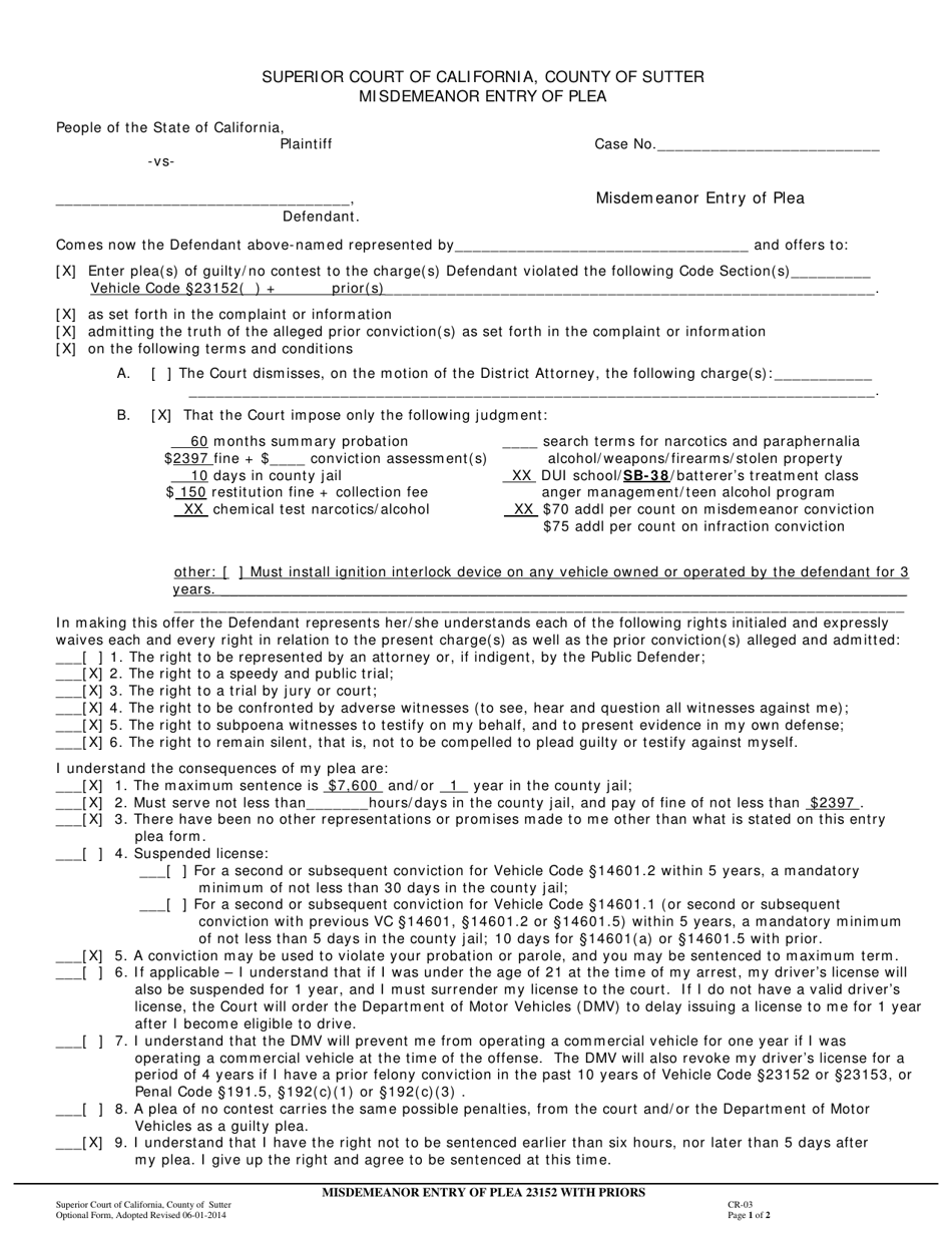 Form CR-03 Misdemeanor Entry of Plea With Priors - County of Sutter, California, Page 1