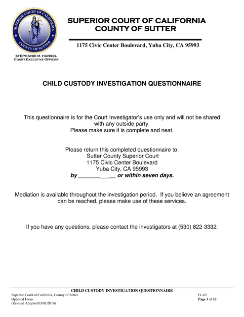 Form FL-02 Child Custody Investigation Questionnaire - County of Sutter, California