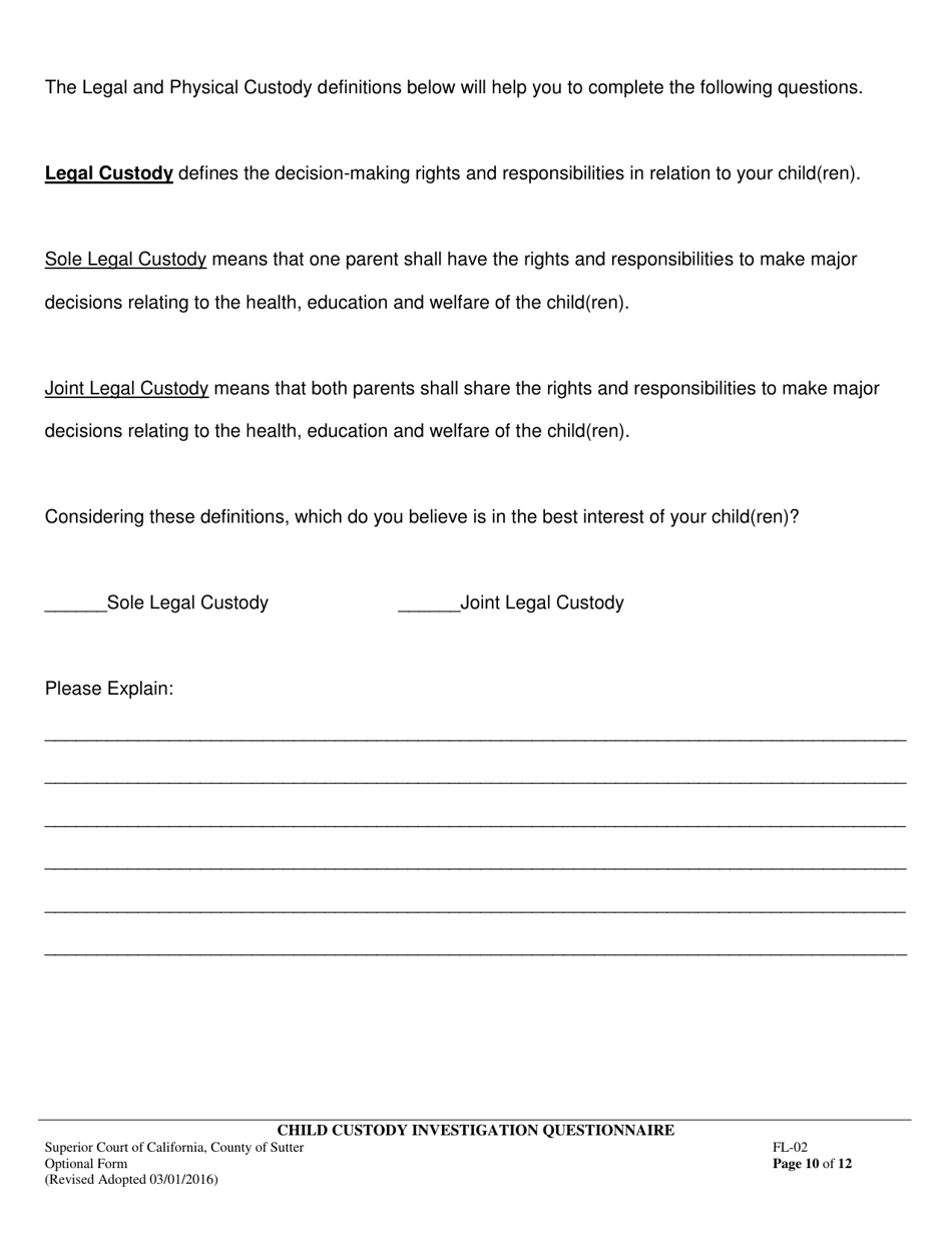 Form FL-02 Child Custody Investigation Questionnaire - County of Sutter, California, Page 10