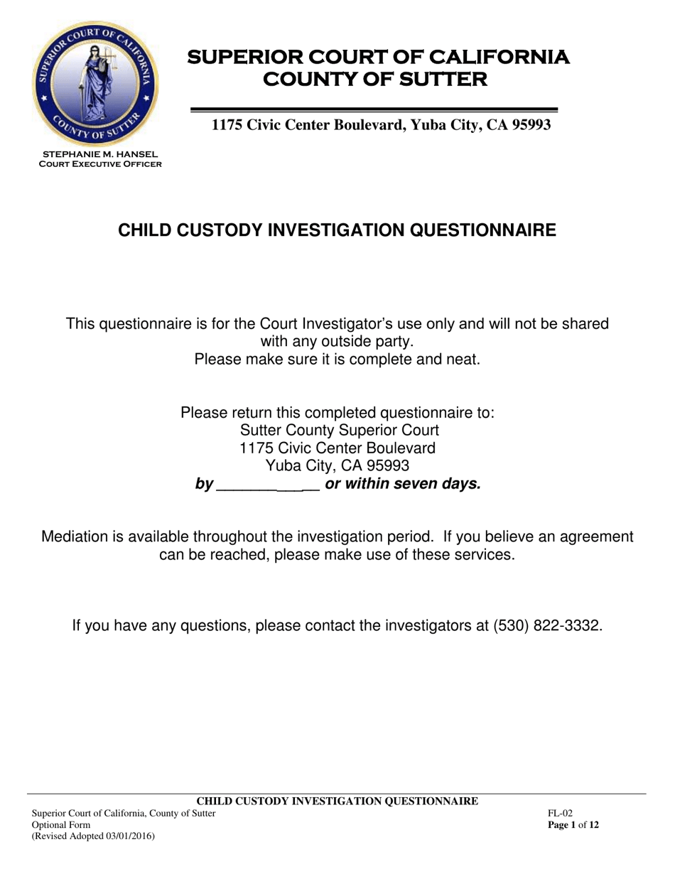 Form FL-02 Child Custody Investigation Questionnaire - County of Sutter, California, Page 1