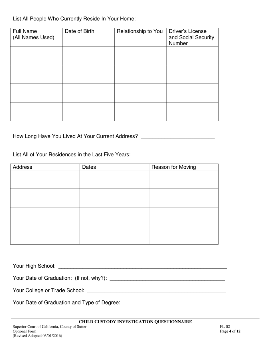 Form FL-02 Child Custody Investigation Questionnaire - County of Sutter, California, Page 4