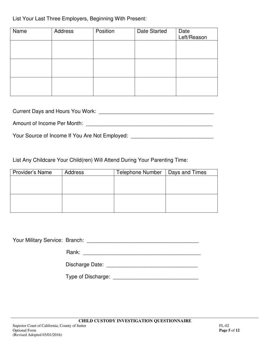 Form FL-02 Child Custody Investigation Questionnaire - County of Sutter, California, Page 5