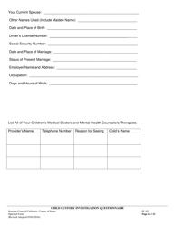 Form FL-02 Child Custody Investigation Questionnaire - County of Sutter, California, Page 6