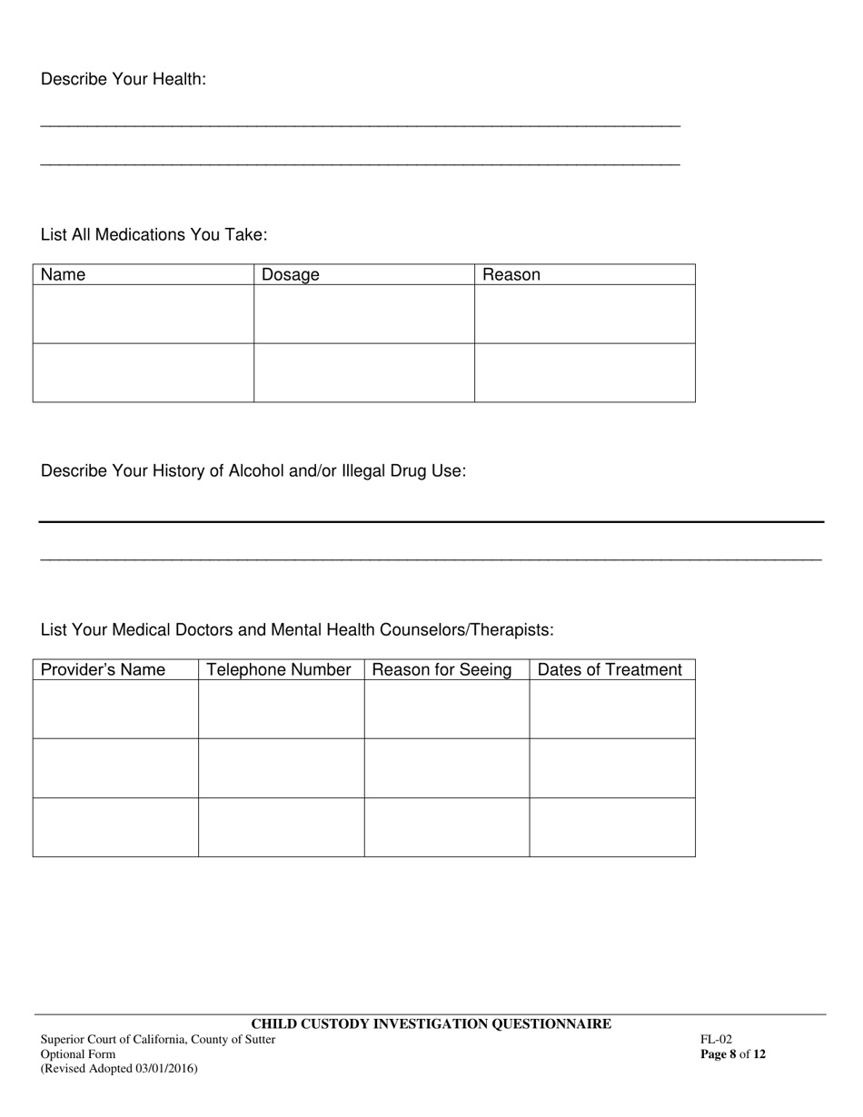 Form FL-02 Child Custody Investigation Questionnaire - County of Sutter, California, Page 8