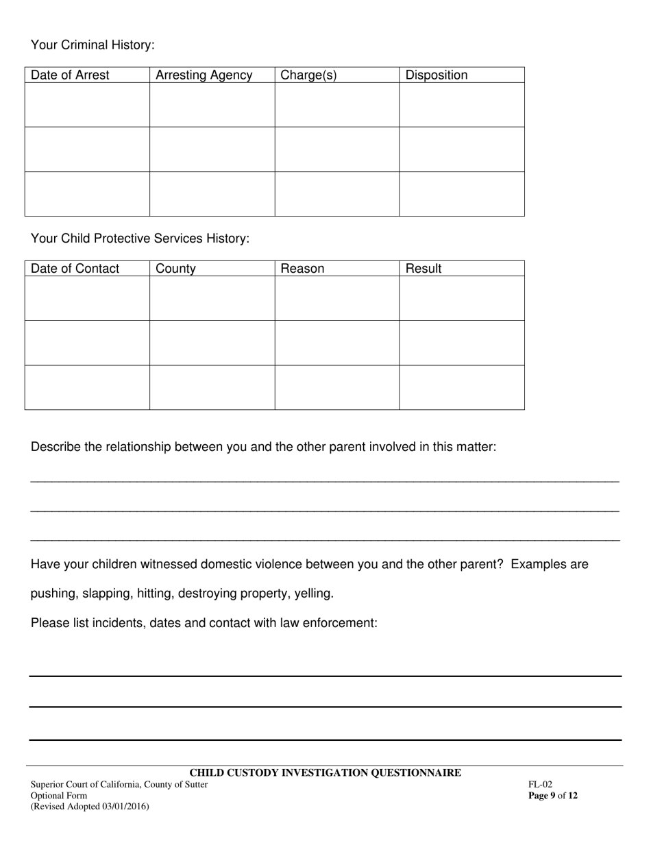 Form FL-02 Child Custody Investigation Questionnaire - County of Sutter, California, Page 9