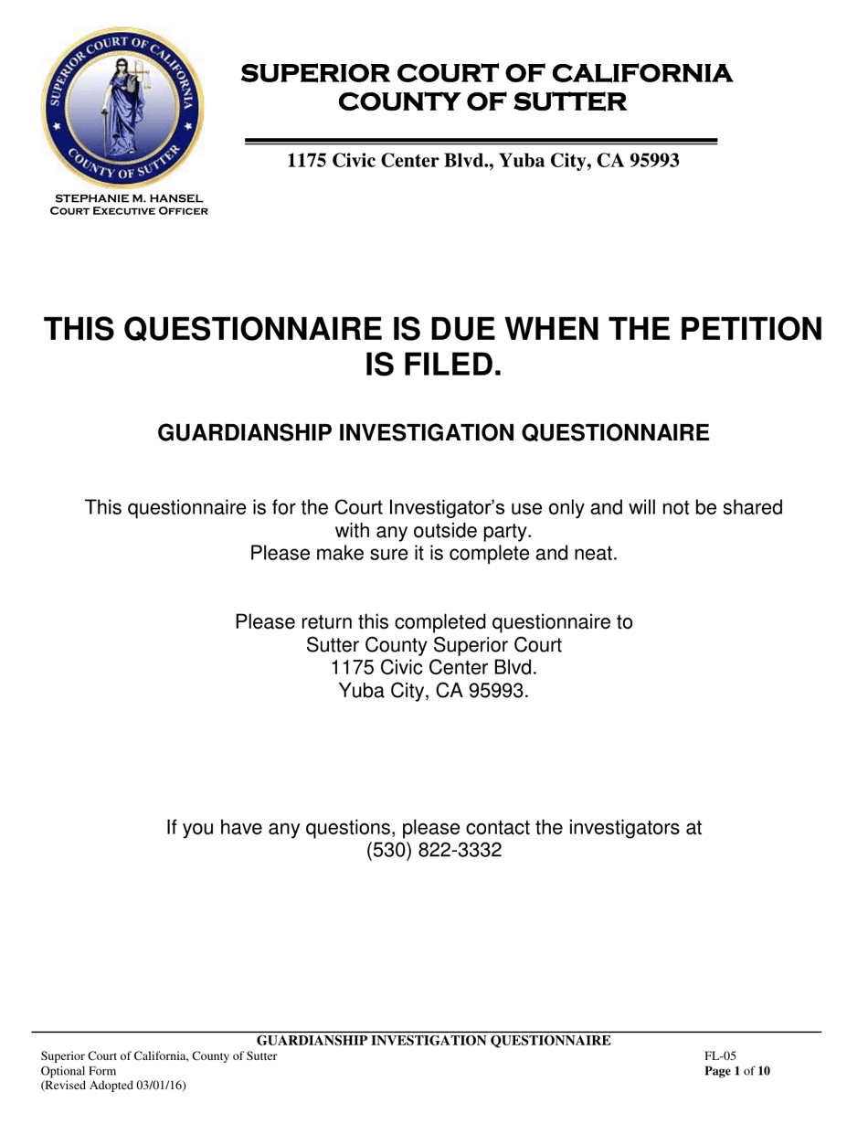 Form FL-05 Guardianship Investigation Questionnaire - County of Sutter, California, Page 1