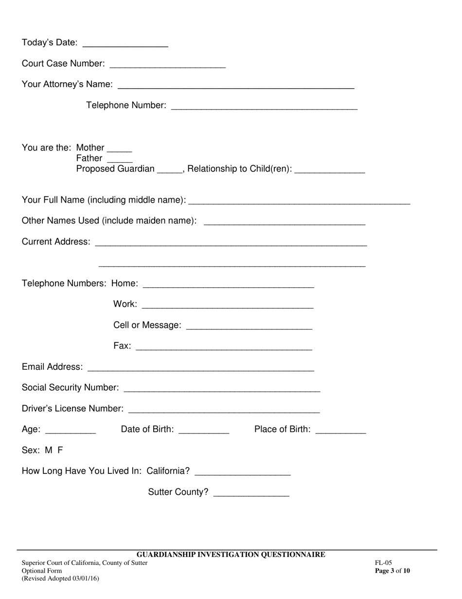 Form FL-05 Guardianship Investigation Questionnaire - County of Sutter, California, Page 3