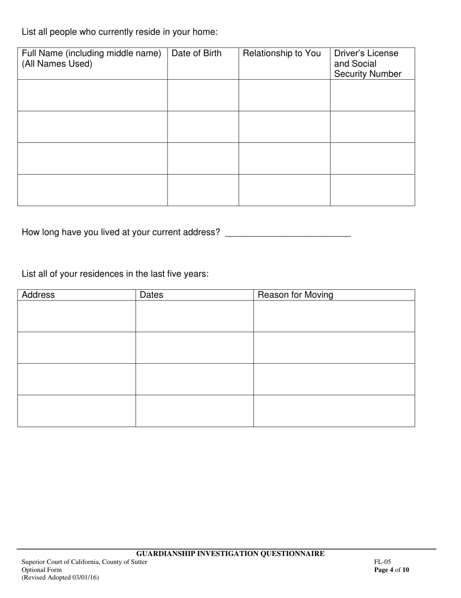 Form FL-05 Guardianship Investigation Questionnaire - County of Sutter, California, Page 4