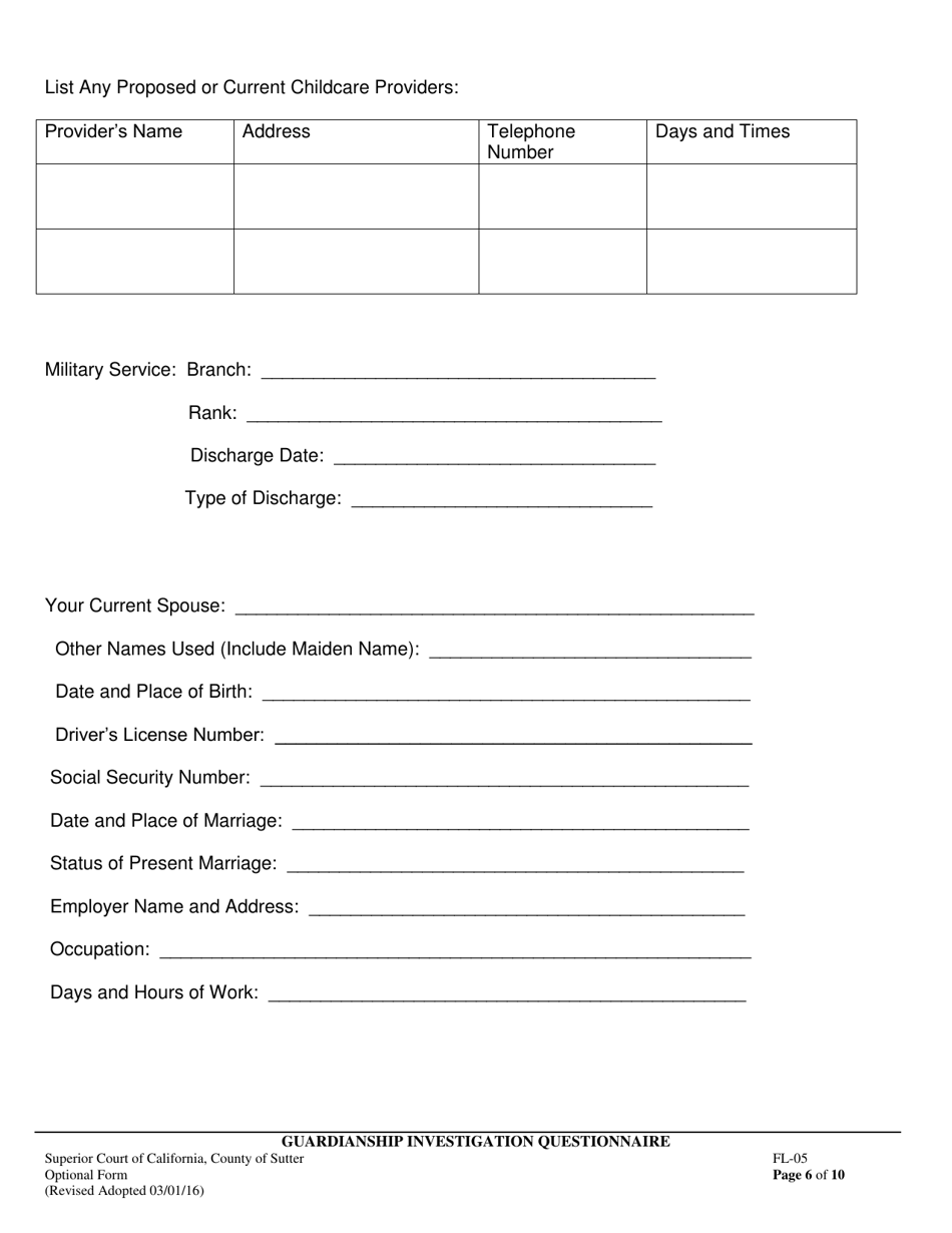 Form FL-05 Guardianship Investigation Questionnaire - County of Sutter, California, Page 6