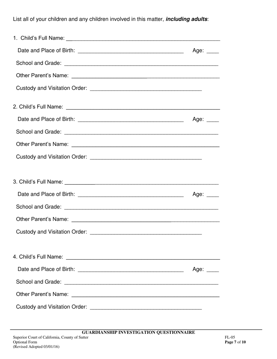 Form FL-05 Guardianship Investigation Questionnaire - County of Sutter, California, Page 7