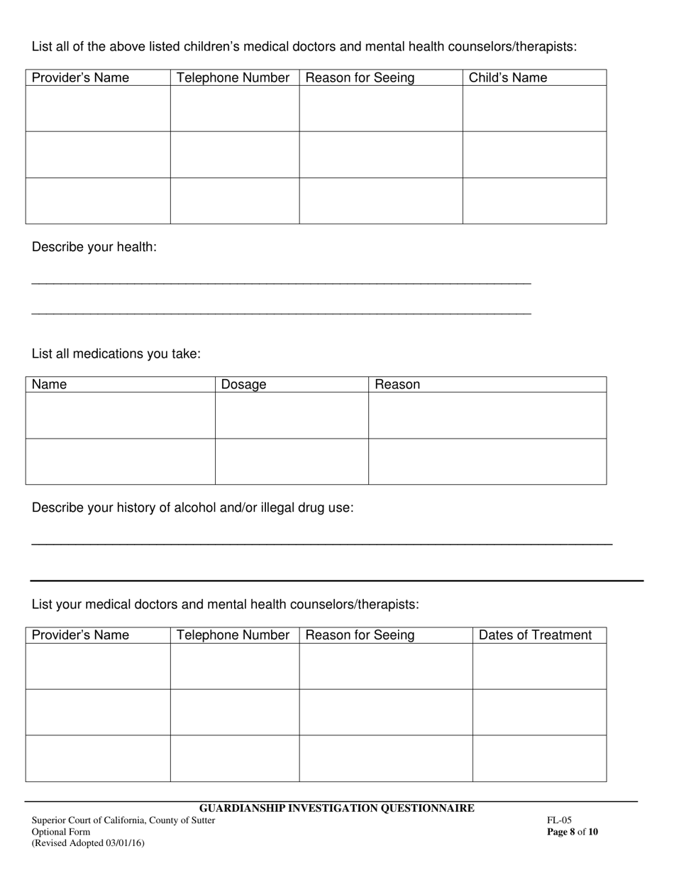 Form FL-05 Guardianship Investigation Questionnaire - County of Sutter, California, Page 8