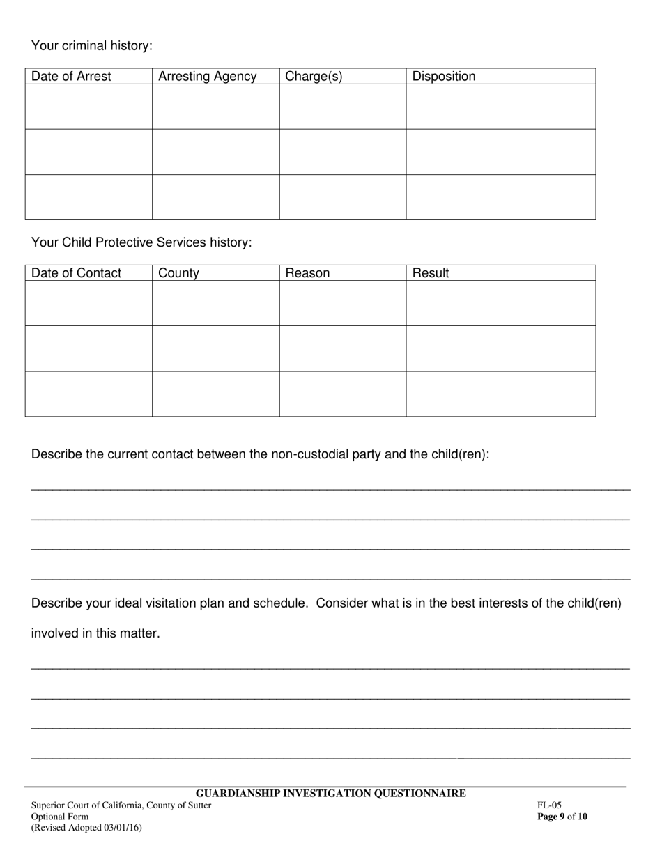Form FL-05 Guardianship Investigation Questionnaire - County of Sutter, California, Page 9