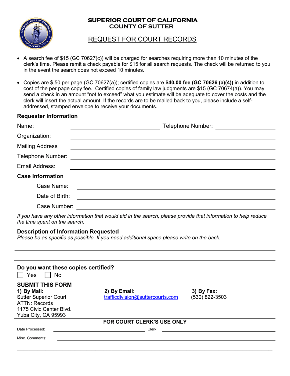 County of Sutter California Request for Court Records Fill Out Sign