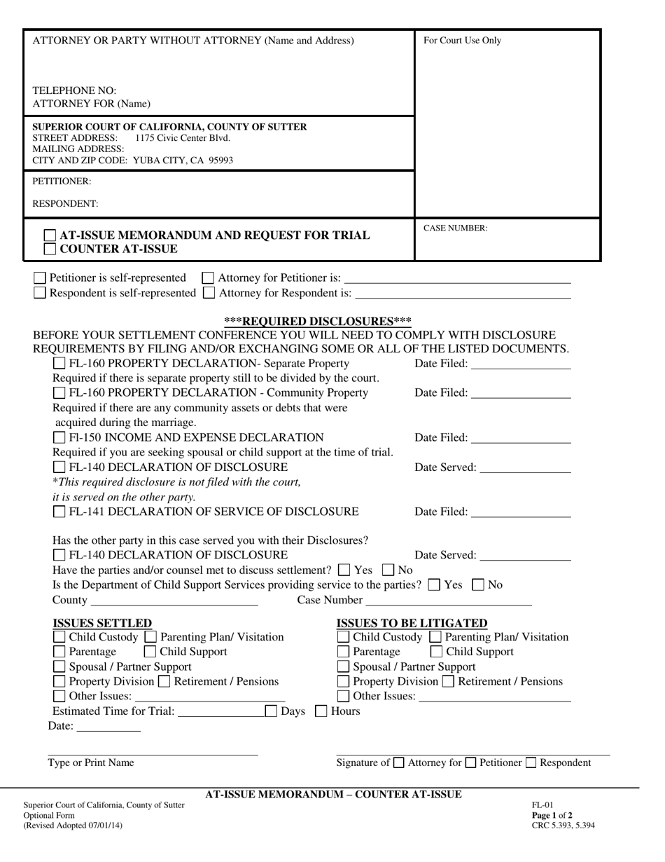 Form FL-01 At-Issue Memorandum / Counter at-Issue - County of Sutter, California, Page 1