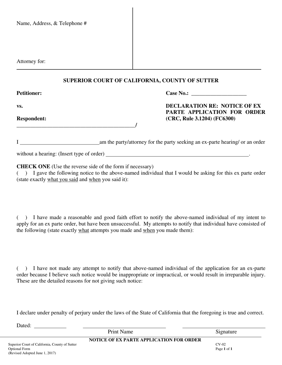 Form CV-02 Notice of Ex Parte Application for Order - County of Sutter, California, Page 1