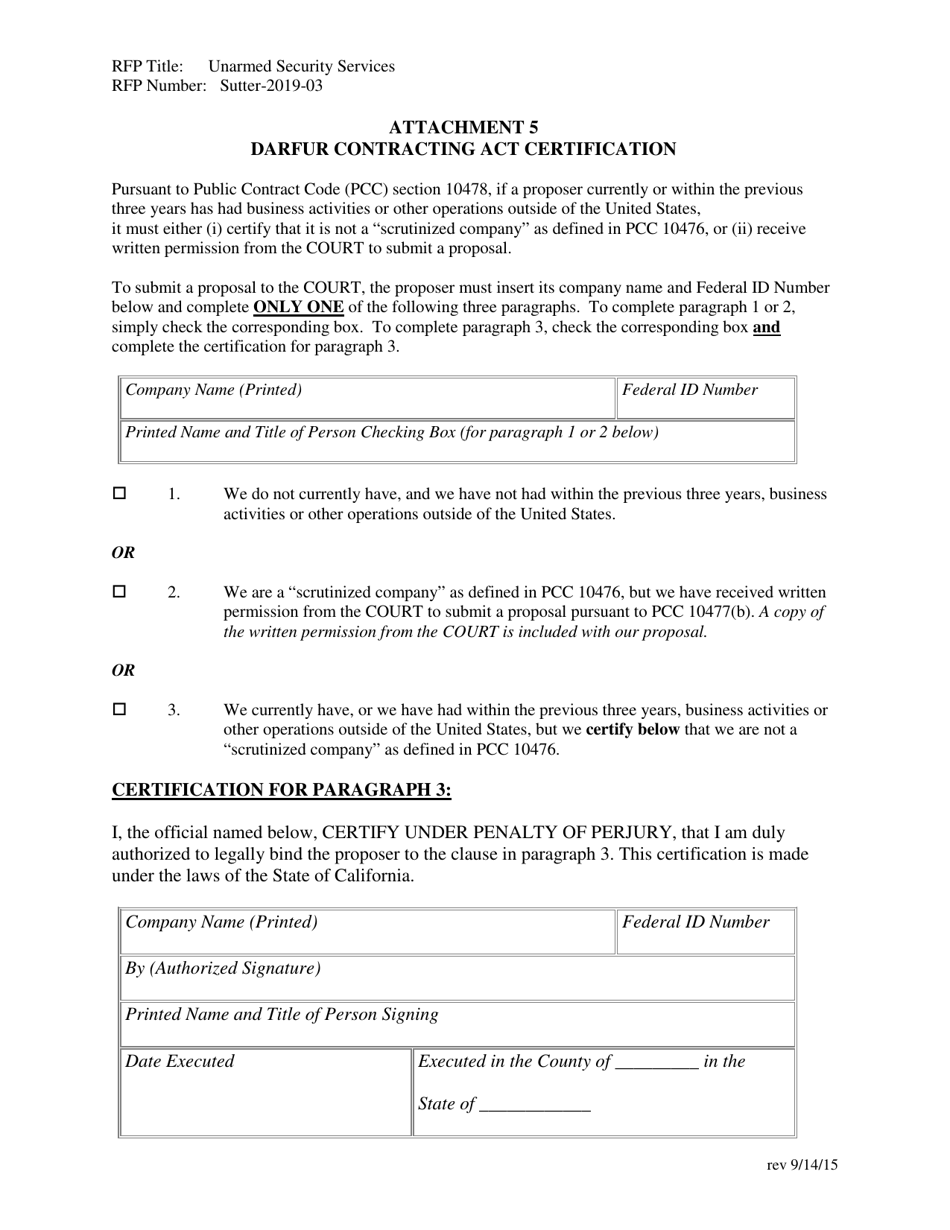Attachment 5 Darfur Contracting Act Certification - County of Sutter, California, Page 1