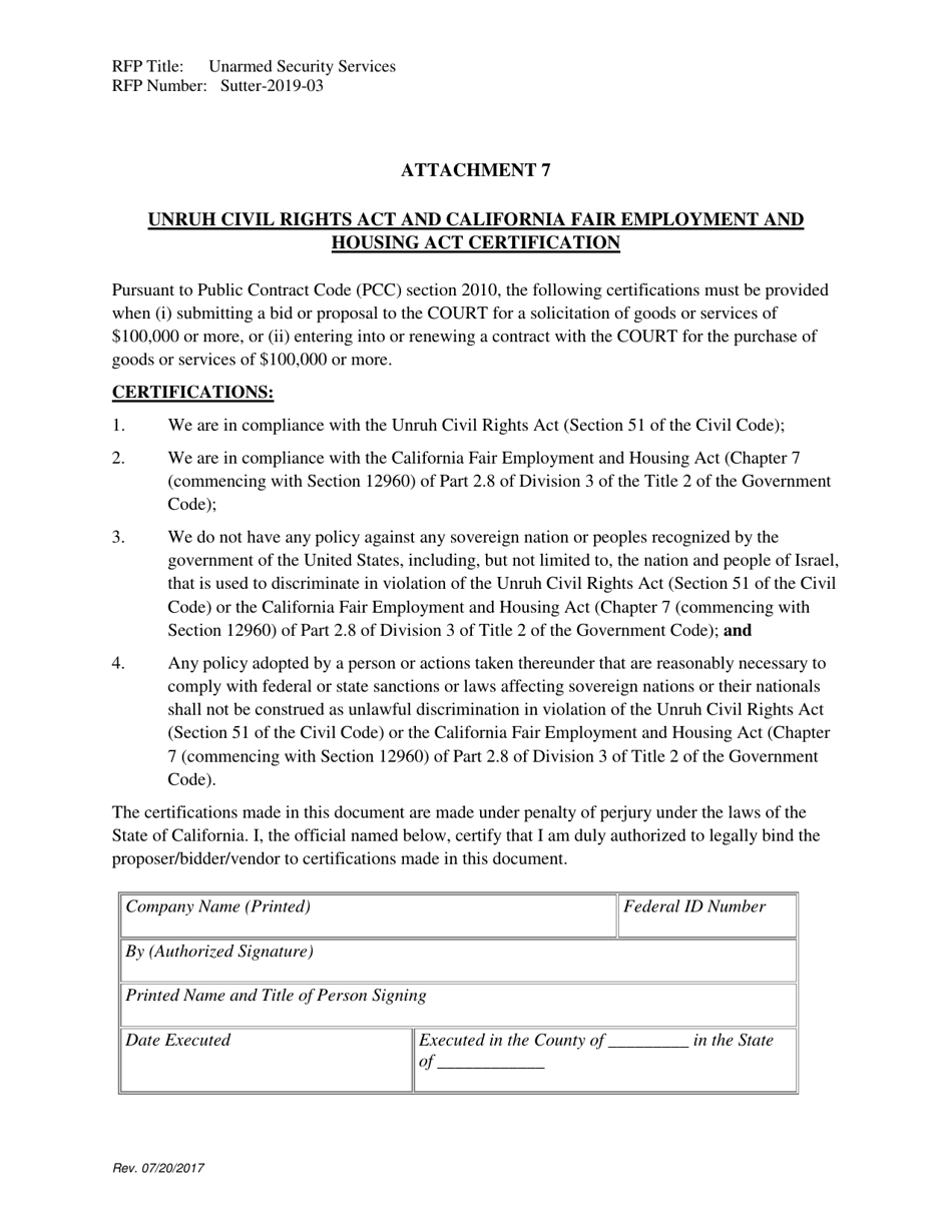 Attachment 7 Unruh Civil Rights Act and California Fair Employment and Housing Act Certification - County of Sutter, California, Page 1