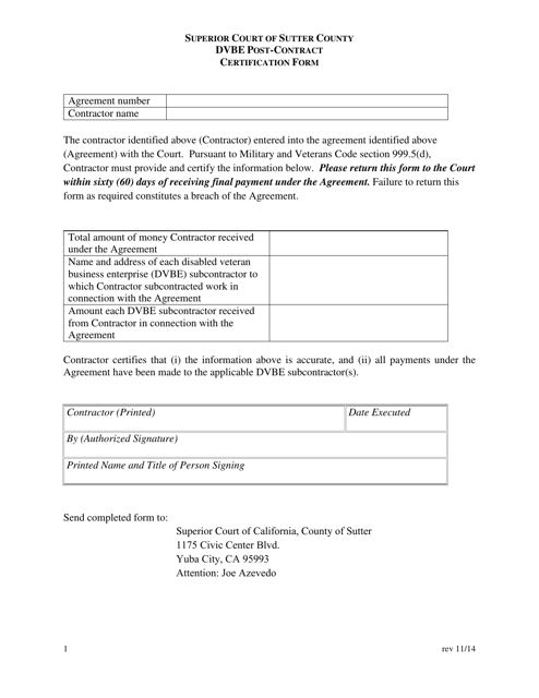 Dvbe Post-contract Certification Form - County of Sutter, California Download Pdf