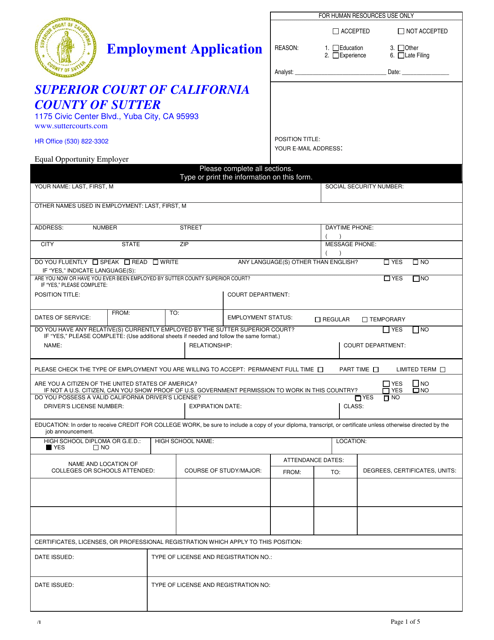 Employment Application - County of Sutter, California Download Pdf
