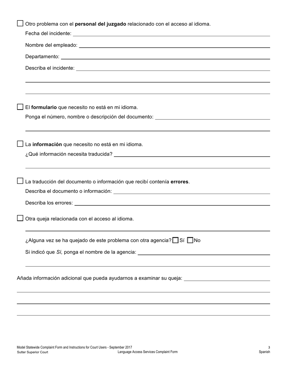 Formulario De Quejas De Servicios De Acceso Al Idioma - County of Sutter, California (Spanish), Page 3