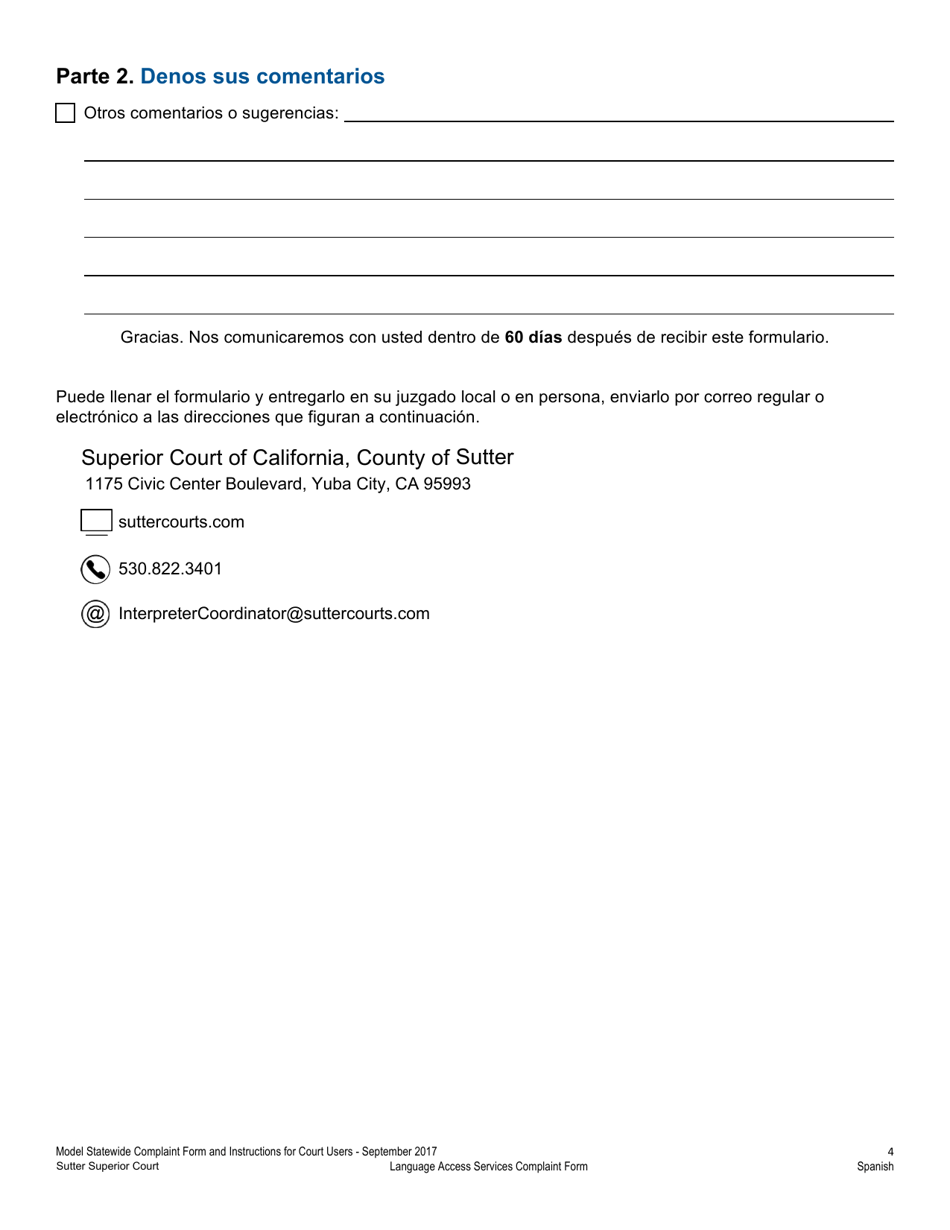 Formulario De Quejas De Servicios De Acceso Al Idioma - County of Sutter, California (Spanish), Page 4