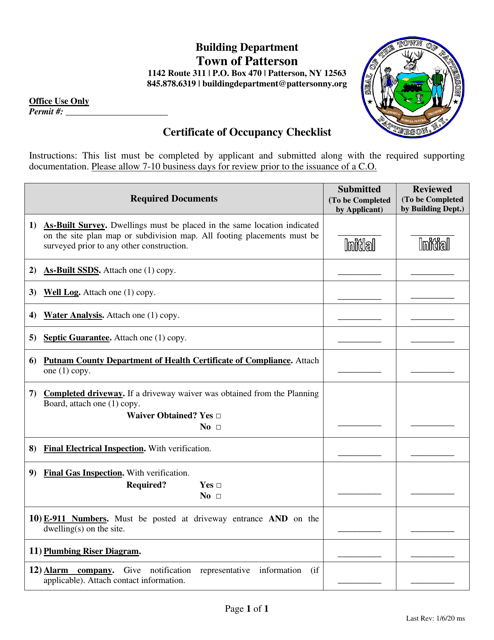 Certificate of Occupancy Checklist - Town of Patterson, New York Download Pdf