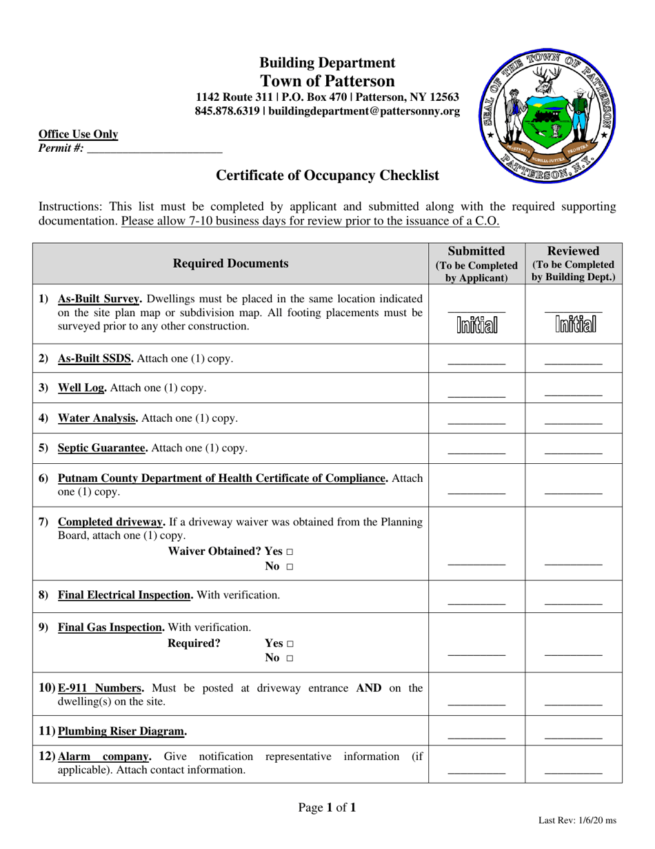 Certificate of Occupancy Checklist - Town of Patterson, New York, Page 1