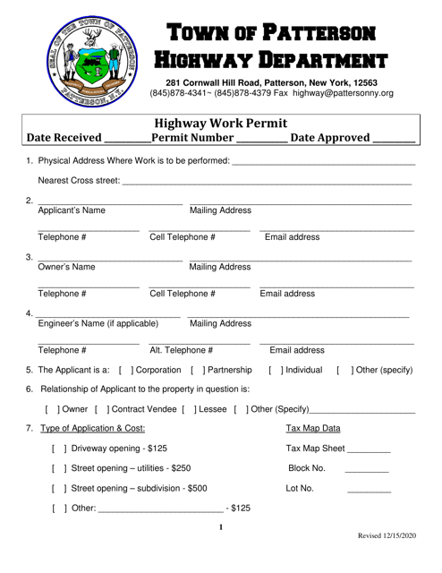 Highway Work Permit - Town of Patterson, New York Download Pdf