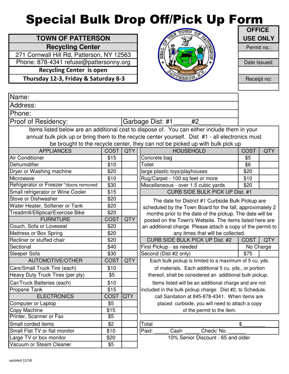 Special Bulk Drop off / Pick up Form - Town of Patterson, New York, Page 1