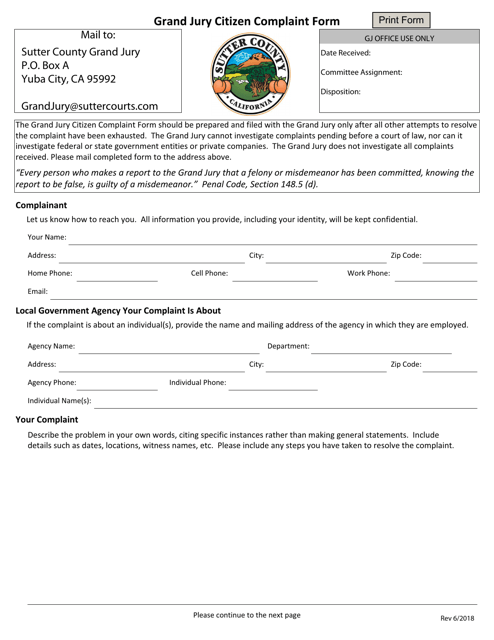 Grand Jury Citizen Complaint Form - County of Sutter, California Download Pdf