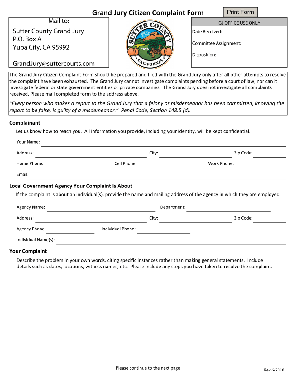 Grand Jury Citizen Complaint Form - County of Sutter, California, Page 1