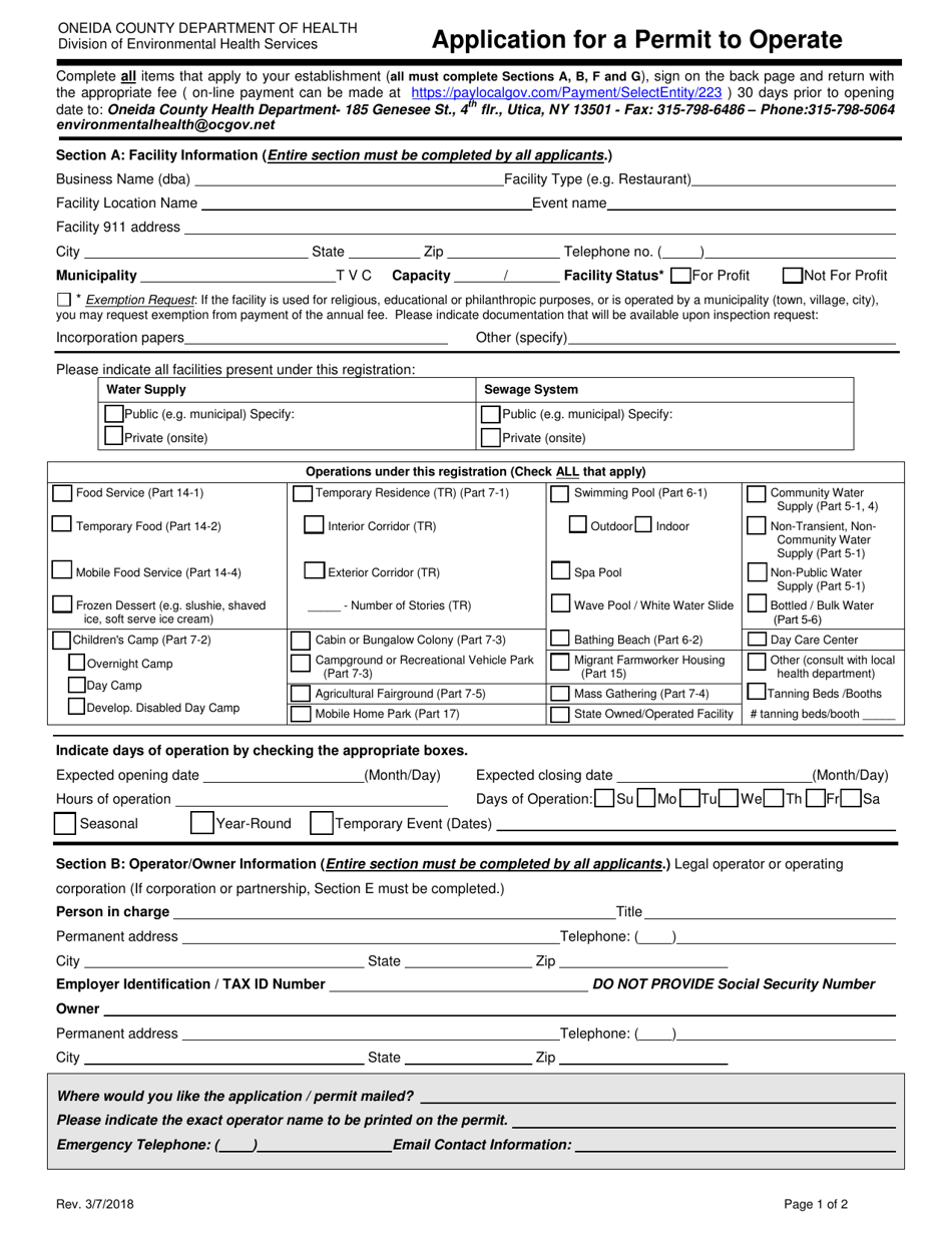 Application for a Permit to Operate - Oneida County, New York, Page 1