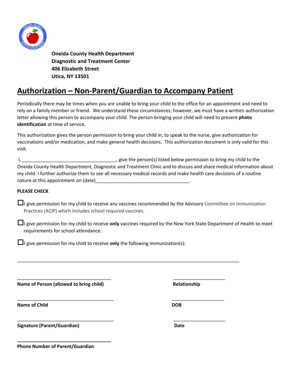 Authorization - Non-parent / Guardian to Accompany Patient - Oeida County, New York, Page 1