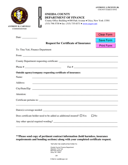 Request for Certificate of Insurance - Oneida County, New York Download Pdf