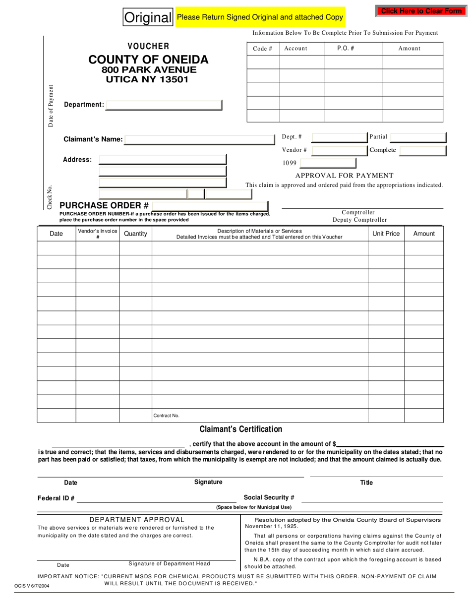 Oneida County Voucher Form - Oneida County, New York, Page 1