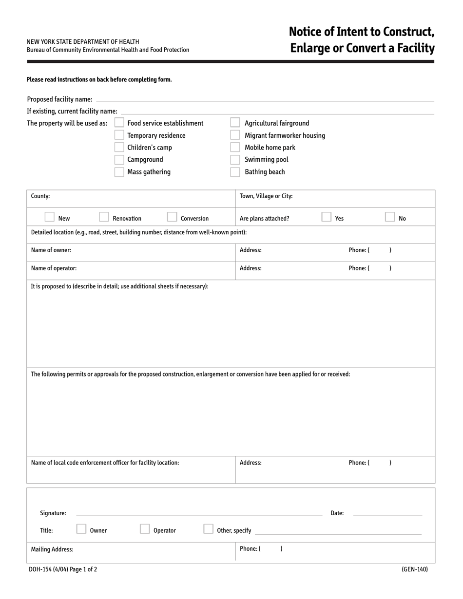Form DOH154 Fill Out, Sign Online and Download Printable PDF, New