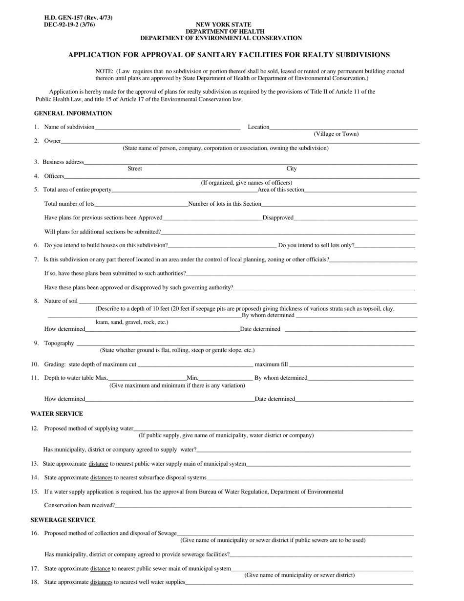 Form DEC-92-19-2 Application for Approval of Sanitary Facilities for Realty Subdivisions - Schenectady County, New York, Page 1