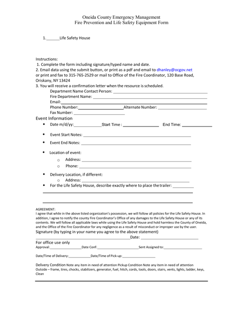 Fire Prevention and Life Safety Equipment Form - Oneida County, New York Download Pdf