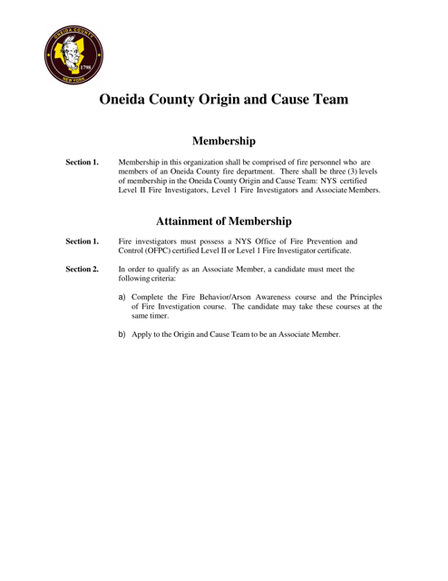 Origin and Cause Team Application for Membership - Oneida County, New York