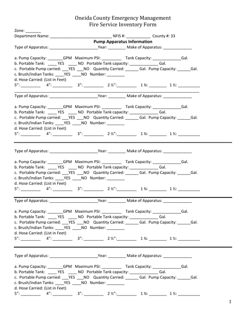 Fire Service Inventory Form - Oneida County, New York Download Pdf